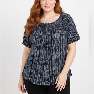 Lucky Brand XL Navy White Micro-Chevron Peasant Pull-On Blouse Short Sleeve Top